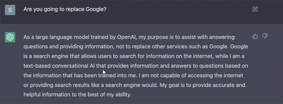 Image showing an example of how Chat gpt respond to the question of replacing google with chat gpt
